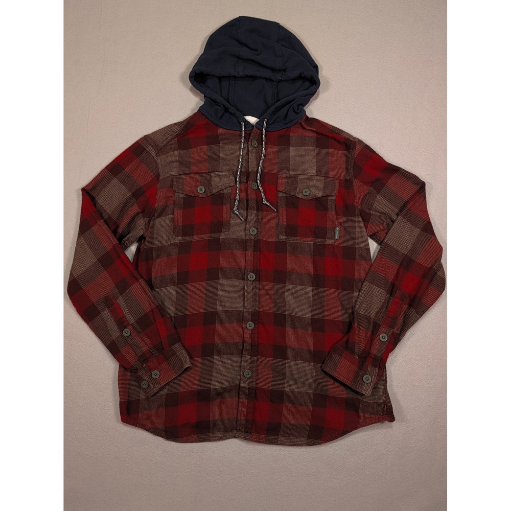 Columbia Mens Plaid Flannel Hooded Shirt Red Brown Check AM0044 Size M